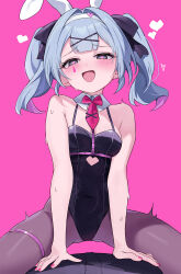 Rule 34 | 1boy, 1girl, :d, absurdres, animal ears, black leotard, black ribbon, blue eyes, blue hair, blush, breasts, brown pantyhose, cleavage, clothing cutout, detached collar, fake animal ears, girl on top, hair ornament, hair ribbon, hairband, hatsune miku, heart, heart-shaped pupils, heart cutout, hetero, highres, leotard, medium breasts, nam (nam990902), open mouth, pantyhose, pink background, rabbit ears, rabbit hole (vocaloid), ribbon, short hair, simple background, smile, symbol-shaped pupils, thigh strap, twintails, vocaloid, white hairband, x hair ornament