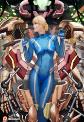 Rule 34 | 1girl, alternate hairstyle, audia pahlevi, blonde hair, blue eyes, bodysuit, bra, covered navel, dissolving clothes, female focus, highres, lips, looking to the side, metroid, mole, mole under mouth, navel, neck, nintendo, panties, samus aran, see-through, short hair, solo, stomach, underwear, undressing, varia suit, zero suit