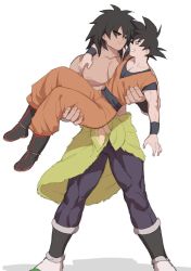 Rule 34 | 2boys, abs, broly (dragon ball super), carrying, clothes around waist, couple, dragon ball, dragon ball super, dragon ball super broly, full body, fur (clothing), grin, jacket, jacket around waist, kkkkkirrier, large pectorals, male focus, multiple boys, muscular, muscular male, pectorals, princess carry, short hair, smile, son goku, spiked hair, standing, stomach, topless male, yaoi