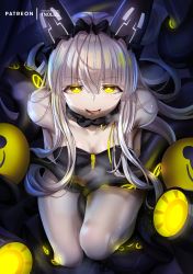 Rule 34 | 1girl, azur lane, bare shoulders, blush, bottomless, breasts, choker, cleavage, collarbone, hair between eyes, highres, long hair, looking at viewer, observer alpha (azur lane), open mouth, ribbon, sidelocks, silver hair, siren (azur lane), smile, solo, tentacles, thighhighs, thighs, tnolize, tongue, tongue out, yellow eyes