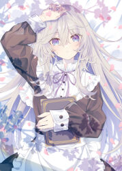 Rule 34 | 1girl, apron, arm up, bed sheet, black skirt, book, brown shirt, commentary request, frilled apron, frills, grey hair, hair between eyes, highres, holding, holding book, kavka, long hair, long sleeves, looking at viewer, lying, maid, nail polish, neck ribbon, on back, original, parted lips, petals, puffy long sleeves, puffy sleeves, purple eyes, purple nails, purple ribbon, ribbon, shirt, skirt, sleeves past wrists, solo, very long hair, white apron