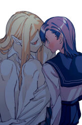 Rule 34 | 2girls, blonde hair, blue eyes, blue sailor collar, blue skirt, blush, collared shirt, commentary request, eye contact, fingernails, forehead-to-forehead, heads together, highres, hugging own legs, long hair, looking at another, medium hair, multiple girls, naotin3333, open mouth, original, purple hair, red eyes, sailor collar, school uniform, serafuku, shirt, shirt tucked in, simple background, skirt, white background, white shirt, yuri