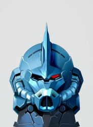 Rule 34 | commentary request, gouf, grey background, gundam, highres, horns, looking at viewer, mecha, mecha focus, mobile suit, mobile suit gundam, mosiaz328, no humans, one-eyed, portrait, red eyes, redesign, robot, science fiction, simple background, single horn, solo