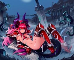 Rule 34 | 1girl, armor, bad id, bad twitter id, bikini armor, blue eyes, bottomless, breasts, cape, elizabeth bathory (brave) (fate), elizabeth bathory (fate), fate/grand order, fate (series), gauntlets, graveyard, greaves, horns, long hair, looking at viewer, navel, night, night sky, optionaltypo, pink hair, planted, planted sword, planted weapon, pointy ears, reclining, red armor, shoulder armor, sky, slime (substance), small breasts, solo, stomach, suggestive fluid, sword, tail, tentacles, undone, very long hair, weapon