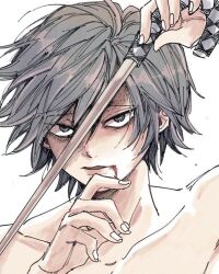 Rule 34 | 1boy, black eyes, black hair, blood, blood from mouth, feitan portor, frown, holding, holding sword, holding weapon, hunter x hunter, looking at viewer, male focus, nude, ray (0krqm), serious, short hair, skinny, solo, sword, sword in front of face, upper body, weapon, wiping blood