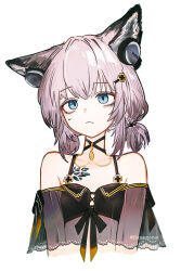 1girl animal_ears arknights arms_at_sides bare_shoulders behind-the-head_headphones bikini black_bikini black_choker blue_eyes breasts choker closed_mouth cropped_torso fox_ears fox_girl frown hair_ornament hairclip headphones headphones_for_animal_ears highres looking_at_viewer low_twintails material_growth oripathy_lesion_(arknights) pink_hair runamonet short_hair short_twintails simple_background single_ear_down small_breasts small_sweatdrop solo sussurro_(arknights) sussurro_(summer_flower)_(arknights) swimsuit twintails twitter_username upper_body white_background