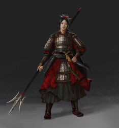 Rule 34 | 1girl, absurdres, armor, black background, black hair, cape, chinese armor, chinese empire, fangtian ji, green cape, han dynasty, hand on own hip, highres, holding, holding polearm, holding weapon, illustrator noob, ji (weapon), lamellar armor, looking at viewer, lu ji, polearm, romance of the three kingdoms, shoulder armor, solo, standing, total war: three kingdoms, weapon