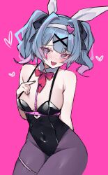 Rule 34 | 1girl, :d, absurdres, animal ears, arm behind back, bare shoulders, black leotard, black nails, black pantyhose, blue eyes, blue hair, blush, bow, bowtie, breasts, contrapposto, covered navel, detached collar, fake animal ears, hair intakes, hairband, hatsune miku, heart, highleg, highleg leotard, highres, large breasts, leotard, looking at viewer, miclipse, nail polish, open mouth, pantyhose, pink background, pink pupils, playboy bunny, pure pure (rabbit hole), rabbit ears, rabbit hole (vocaloid), red bow, red bowtie, short hair, short twintails, sidelocks, simple background, smile, solo, teardrop facial mark, twintails, white hairband