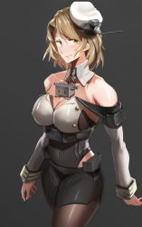 Rule 34 | 1girl, ayakumo, black pantyhose, black skirt, breasts, brown eyes, cleavage, corset, cowboy shot, detached sleeves, grey background, highres, houston (kancolle), kantai collection, large breasts, light brown hair, lips, looking at viewer, medium hair, military, military uniform, pantyhose, pencil skirt, revision, side slit, simple background, skirt, solo, uniform