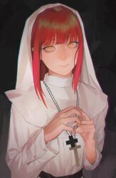 Rule 34 | 1girl, absurdres, alternate costume, chainsaw man, closed mouth, cross, cross necklace, habit, highres, jewelry, long hair, looking at viewer, makima (chainsaw man), necklace, nun, red eyes, rerxe, ringed eyes, smile, solo, traditional nun, yellow eyes