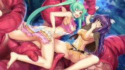 Rule 34 | 2girls, anus, ascendant hearts, ass, bare arms, barefoot, belt, blush, breasts, cape, embarrassed, eyebrows, feet, game cg, green eyes, green hair, hair ribbon, highres, legs, long hair, looking back, monster, multicolored eyes, multiple girls, navel, nipples, no panties, one eye closed, open mouth, original, purple hair, pussy, rape, ribbon, sideboob, sleeveless, small breasts, spread legs, tears, tentacles, thighs, toes, torn clothes, twintails, uncensored