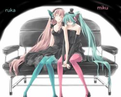 Rule 34 | 2girls, aqua hair, bad id, bad pixiv id, blue pantyhose, bug, butterfly, butterfly hair ornament, closed eyes, couch, dress, hair ornament, hat, hatsune miku, headphones, holding hands, insect, long hair, magnet (vocaloid), megurine luka, multiple girls, pantyhose, pink hair, pink pantyhose, rinya, sitting, sleeping, strapless, strapless dress, top hat, twintails, very long hair, vocaloid, yuri