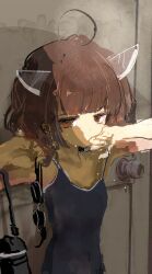Rule 34 | 1girl, absurdres, against door, ahoge, blade, blue one-piece swimsuit, blunt bangs, breasts, brown eyes, brown hair, commentary request, covered mouth, door, expressionless, goggles, half-closed eyes, hand to own mouth, hands up, headgear, highres, holding, holding goggles, kabuyama kaigi, looking at viewer, one-piece swimsuit, school swimsuit, short hair, sidelighting, sideways glance, small breasts, solo, strap pull, swim goggles, swimsuit, thermos, touhoku kiritan, upper body, voiceroid