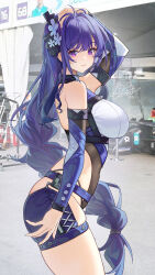 Rule 34 | 1girl, alternate costume, alternate hair color, arm at side, arm up, bare shoulders, black leotard, blue hair, blue shorts, blush, braid, breasts, catsmoon, closed mouth, detached sleeves, from side, genshin impact, hair ornament, highres, large breasts, leotard, long hair, long sleeves, looking at viewer, looking to the side, low-braided long hair, low-tied long hair, purple eyes, raiden shogun, shorts, signature, solo, thighs