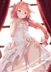 Rule 34 | 1boy, @ @, astolfo (fate), blush, bow, braid, closed mouth, collarbone, crossdressing, curtains, dress, dress bow, dutch angle, fate/apocrypha, fate (series), from below, hair bow, heart, highres, long hair, looking down, male focus, multicolored hair, nahaki, navel, panties, pantyshot, pink hair, purple eyes, single braid, solo, standing, streaked hair, trap, underwear, window