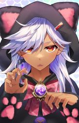Rule 34 | 1boy, absurdres, animal costume, animal ears, bow, bowtie, cyno (genshin impact), dark-skinned male, dark skin, earrings, fang, genshin impact, grey hair, highres, hwaen, jewelry, long hair, long sleeves, male focus, open mouth, red eyes, vision (genshin impact), white hair