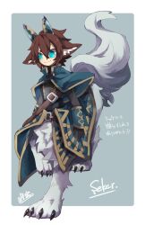 Rule 34 | 1boy, animal ear fluff, animal ears, belt, black gloves, blue background, blue capelet, blue eyes, brown belt, brown hair, capelet, centauroid, claws, closed mouth, coat, collared capelet, full body, gloves, grey fur, hair between eyes, high collar, highres, horns, inumimi-syndrome, long sleeves, looking to the side, male focus, monster boy, pixiv fantasia, pixiv fantasia last saga, short eyebrows, short hair, signature, simple background, smile, solo, tail, taur, walking, wolf boy, wolf ears, wolf tail