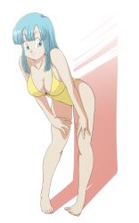 Rule 34 | 1girl, bare legs, bare shoulders, barefoot, blue eyes, blue hair, breasts, caisama, cleavage, cowboy shot, dragon ball, dragonball z, feet, female focus, full body, highleg, highleg swimsuit, highres, large breasts, long hair, looking at viewer, maron (dragon ball), matching hair/eyes, one-piece swimsuit, outdoors, smile, solo, standing, swimsuit, toes, yellow one-piece swimsuit