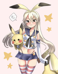 Rule 34 | 10s, 1girl, blonde hair, brown eyes, creatures (company), doyouwantto, elbow gloves, game freak, gen 1 pokemon, gloves, kantai collection, kneehighs, long hair, microskirt, nintendo, panties, personification, pikachu, pleated skirt, pokemon, pokemon (creature), shimakaze (kancolle), skirt, socks, striped clothes, striped socks, striped thighhighs, stuffed animal, stuffed toy, thighhighs, underwear
