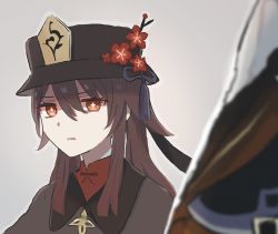 Rule 34 | ..., 1boy, 1girl, ahoge, asymmetrical gloves, black gloves, brown hair, brown hat, chinese knot, earrings, flower, furrowed brow, genshin impact, ghost, gloves, hat, highres, hu tao (genshin impact), jewelry, long hair, looking to the side, porkpie hat, ring, shaded face, short hair, sidelocks, single glove, solo, speech bubble, star-shaped pupils, star (symbol), symbol-shaped pupils, twintails, upper body, xinzoruo, zhongli (genshin impact)