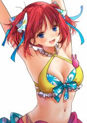 Rule 34 | 1girl, :d, armpits, arms up, bikini, blue eyes, blue ribbon, blunt bangs, blush, breasts, butterfly hair ornament, cleavage, collarbone, eyebrows hidden by hair, floral print, frilled bikini, frills, go-toubun no hanayome, hair ornament, highres, looking at viewer, medium breasts, memidesuyo, nakano nino, navel, open mouth, pink hair, raised eyebrows, ribbon, simple background, smile, solo, stomach, swimsuit, twintails, white background, yellow bikini