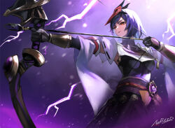 1girl aiming arrow_(projectile) artist_name az&#039;ruler bird_mask black_bodysuit black_gloves black_skirt bodysuit bow_(weapon) bracer breast_curtain breasts closed_mouth commentary drawing_bow english_commentary from_below genshin_impact gloves holding holding_bow_(weapon) holding_weapon japanese_clothes kujou_sara large_breasts lightning mask mask_on_head medallion obi obiage obijime purple_background purple_hair red_mask sash short_hair skirt solo tengu vision_(genshin_impact) weapon yellow_eyes