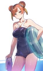 Rule 34 | 1girl, blue one-piece swimsuit, bow (bhp), breasts, brown eyes, brown hair, collarbone, commentary request, double bun, hair bun, holding, holding towel, laufen (sousou no frieren), medium breasts, one-piece swimsuit, short hair, simple background, solo, sousou no frieren, standing, swimsuit, thighs, towel, wet, wet clothes, wet swimsuit, white background