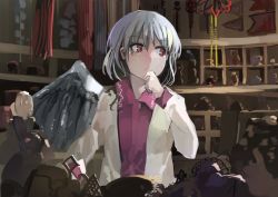 Rule 34 | 1girl, frown, hand on own chin, ichiba youichi, jacket, kishin sagume, red eyes, silver hair, single wing, solo, touhou, wings