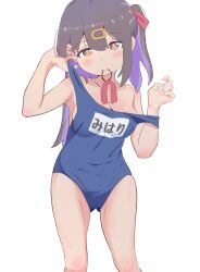 Rule 34 | 1girl, absurdres, black hair, blush, breasts, collarbone, hair ornament, hair ribbon, hair tie in mouth, highres, long hair, medium breasts, mouth hold, multicolored hair, murairamuraiari, name tag, one-piece swimsuit, onii-chan wa oshimai!, orange eyes, oyama mihari, purple hair, ribbon, school uniform, simple background, solo, swimsuit, translation request, undressing, white background