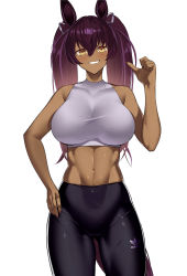 Rule 34 | 1girl, abs, adidas, animal ears, blush, breasts, commentary, commission, cowboy shot, dark-skinned female, dark skin, english commentary, gluteal fold, hair between eyes, hand on own hip, highres, horse ears, horse girl, horse tail, kurozawa yui, large breasts, leggings, long hair, looking at viewer, midriff, nail polish, navel, parted lips, pixiv commission, purple hair, simple background, solo, tail, teeth, thighhighs, toned, twintails, umamusume, white background, yellow eyes