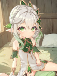 Rule 34 | 1girl, 1other, bare shoulders, bracelet, character request, chinese commentary, closed mouth, commentary request, cross-shaped pupils, detached sleeves, dress, flat chest, gender request, genshin impact, gradient hair, green eyes, green hair, green sleeves, hair between eyes, hair ornament, highres, indoors, jewelry, leaf hair ornament, looking at viewer, multicolored hair, nahida (genshin impact), on bed, pointy ears, short dress, short sleeves, side ponytail, sidelocks, sitting, solo focus, spread legs, streaked hair, symbol-shaped pupils, two-tone hair, variant set, white dress, white hair, xiao xiao tian