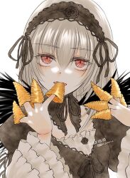 Rule 34 | 1girl, black collar, black dress, black flower, black hairband, black ribbon, black rose, black wings, bugles, bugles (food), bugles on fingers, collar, commentary request, detached collar, dress, eating, feathered wings, flower, food on hand, frilled dress, frilled hairband, frills, gothic lolita, grey hair, hair ribbon, hairband, highres, juliet sleeves, kiru (m putorius), layered dress, lolita fashion, lolita hairband, long hair, long sleeves, looking at viewer, neck ribbon, open mouth, puffy sleeves, red eyes, ribbon, rose, rozen maiden, simple background, solo, suigintou, upper body, white background, white dress, wings