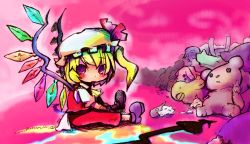 Rule 34 | 1girl, ascot, blonde hair, blush, chibi, crystal, demon tail, dress, female focus, flandre scarlet, full body, hat, laevatein, looking at viewer, luft, mob cap, pink theme, red dress, red eyes, solo, stick, stuffed animal, stuffed toy, tail, teddy bear, touhou