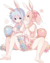 Rule 34 | !, 2girls, ^^^, alternate costume, animal ears, bare legs, between legs, blue eyes, blue flower, blue hair, blush, breasts, buttons, collared shirt, dress, eyelashes, fake animal ears, flower, full body, hair flower, hair ornament, hair ribbon, hand between legs, hand to own mouth, hands on lap, heart, heart background, kaname madoka, kono yo no inga wo hazureta mono, legs together, long eyelashes, looking at another, looking to the side, mahou shoujo madoka magica, mahou shoujo madoka magica (anime), miki sayaka, multiple girls, no nose, open mouth, orange flower, oversized object, pink eyes, pink flower, pink hair, profile, puffy short sleeves, puffy sleeves, rabbit ears, ribbon, shaded face, shirt, short dress, short hair, short sleeves, sidelocks, simple background, sitting, small breasts, soul gem, sparkle, sparkle background, speech bubble, spoken exclamation mark, spoken heart, striped clothes, striped dress, talking, twintails, whispering, white background, wrist cuffs