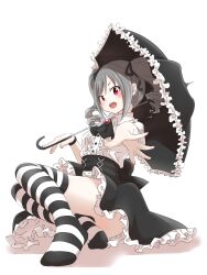 Rule 34 | 1girl, absurdres, ascot, black ascot, black bow, black dress, black ribbon, black socks, black umbrella, blush, bow, breasts, brooch, dress, dress bow, drill hair, frilled dress, frilled umbrella, frills, full body, grey hair, hair bow, hair ribbon, highres, holding, holding umbrella, idolmaster, idolmaster cinderella girls, idolmaster cinderella girls starlight stage, jewelry, kanzaki ranko, long hair, looking at viewer, maka073, medium breasts, open hand, open mouth, reaching, reaching towards viewer, red eyes, ribbon, shadow, short sleeves, simple background, sitting, smile, socks, solo, striped clothes, striped socks, teeth, twin drills, twintails, umbrella, upper teeth only, v-shaped eyebrows, white background, yokozuwari