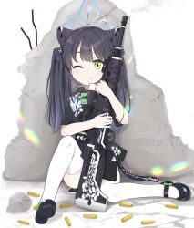 Rule 34 | 1girl, aged down, animal ears, black dress, black footwear, black hair, black ribbon, blue archive, bow, bullpup, china dress, chinese clothes, closed mouth, dress, footwear bow, full body, green eyes, gun, hair ribbon, halo, highres, hoshino ouka, long hair, looking at viewer, mary janes, one eye closed, qbu-88, ribbon, rifle, rubble, shell casing, shoes, shun (blue archive), shun (small) (blue archive), smile, solo, thighhighs, twintails, weapon, white thighhighs
