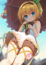 Rule 34 | 1girl, :o, bare arms, blonde hair, blue eyes, blurry, blurry background, brown gloves, commentary request, day, dress, edna (tales), flower, from below, gloves, green ribbon, groin, hair ribbon, hairband, head tilt, highres, holding, holding umbrella, knees together feet apart, leg ribbon, looking at viewer, looking down, natsuki marina, no panties, normin (tales), open mouth, outdoors, parasol, ribbon, short hair, side ponytail, single glove, sky, sleeveless, sleeveless dress, solo, standing, strap slip, tales of (series), tales of zestiria, umbrella, wrist ribbon