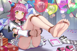 Rule 34 | 1girl, animal print, arm warmers, artist name, artist request, balloon, bare legs, barefoot, belt, birthday, black sailor collar, blunt bangs, blush, box, breasts, brown eyes, cake, cat print, cat tail, chair, checkered clothes, checkered skirt, collarbone, crown print, dokipipo emotion, dokipipo emotion (love live!), drawing, feet, female focus, fingers together, flat chest, food, full body, gift, gift box, hair ornament, happy birthday, hat, heart, heart (symbol), heart balloon, heart print, highres, indoors, knees up, legs up, looking at viewer, love live!, love live! nijigasaki high school idol club, love live! school idol festival, miniskirt, neckerchief, necktie, notebook, own hands together, panties, paper, parted lips, party hat, pink belt, pink footwear, pink hair, pink neckerchief, pink necktie, plaid, plaid skirt, plate, pleated, pleated skirt, puffy short sleeves, puffy sleeves, sailor collar, shirt, shoes, short hair, short sleeves, sketchbook, skirt, small breasts, smile, solo, star (symbol), star print, striped legwear, striped sleeves, suspenders, tail, tennoji rina, underwear, unworn legwear, unworn shoes, white panties, white shirt, white skirt, yellow eyes