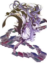 Rule 34 | 1girl, crescent, dress, female focus, floating hair, frills, full body, hat, long hair, long sleeves, looking at viewer, mob cap, patchouli knowledge, pink dress, purple eyes, purple hair, simple background, solo, touhou, uki (room 405), very long hair, white background, wind