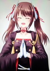 Rule 34 | 1girl, azur lane, blush, brown hair, cipher engage, closed eyes, commentary request, gloves, hair between eyes, hair ribbon, haruna (azur lane), horns, long hair, long sleeves, open mouth, own hands together, ribbon, smile, solo, twintails, upper body, white gloves