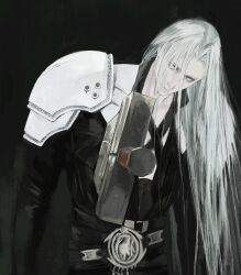 Rule 34 | 1boy, armor, belt, black background, black belt, black coat, buster sword, chest strap, coat, commentary, english commentary, expressionless, final fantasy, final fantasy vii, final fantasy vii remake, grey eyes, grey hair, high collar, highres, impaled, injury, leaning to the side, long hair, long sleeves, looking to the side, male focus, multiple belts, pauldrons, sad, sephiroth, shoulder armor, solo, stab, upper body, very long hair, xscr1205