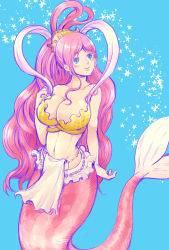 Rule 34 | 1girl, blue eyes, breasts, cleavage, highres, large breasts, long hair, one piece, pink hair, shirahoshi, smile, solo