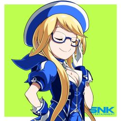 Rule 34 | 1girl, adjusting eyewear, ascot, beret, blonde hair, blue ascot, cleavage cutout, closed eyes, clothing cutout, enta girl, falcoon, from side, glasses, gloves, green background, hand on own hip, hat, highres, logo, mascot, official art, puffy short sleeves, puffy sleeves, short hair with long locks, short sleeves, simple background, smile, snk, solo, upper body, white gloves