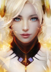 Rule 34 | 1girl, blonde hair, blue eyes, bodysuit, commentary, eyelashes, headgear, highres, light particles, lips, long hair, looking at viewer, mercy (overwatch), muju, overwatch, overwatch 1, parted lips, photorealistic, pink lips, portrait, realistic, shards, solo, turtleneck