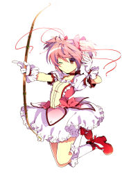 Rule 34 | 10s, 1girl, bad id, bad pixiv id, bow (weapon), choker, dress, gloves, highres, holding, kaname madoka, magical girl, mahou shoujo madoka magica, mahou shoujo madoka magica (anime), one eye closed, pink hair, red eyes, ribbon choker, saionji yuri, simple background, solo, twintails, weapon, white background, white gloves, wink
