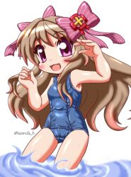 Rule 34 | 1girl, acerola h, armpits, blonde hair, blush, chaos marie (grimms notes), chibi, gradient hair, grimms notes, hair ribbon, hands up, long hair, multicolored hair, old school swimsuit, open mouth, pink eyes, ribbon, school swimsuit, simple background, smile, solo, swimsuit, twitter username, water, white background