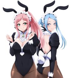 Rule 34 | 2girls, absurdres, animal ears, ass, back, blue hair, blush, breasts, cleavage, felicia (fire emblem), female focus, fire emblem, fire emblem fates, fire emblem heroes, flora (fire emblem), green eyes, grey eyes, highres, large breasts, leotard, looking at viewer, maid, maid headdress, multiple girls, nintendo, pantyhose, pink hair, playboy bunny, ponytail, puffy sleeves, rabbit ears, rabbit tail, ribbon, seityr, siblings, sisters, tail, twins, twintails