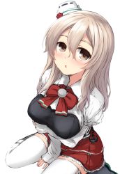 Rule 34 | 10s, 1girl, :o, anchor, ascot, blush, breast rest, breasts, brown eyes, don (29219), grey hair, hair between eyes, hat, kantai collection, large breasts, long hair, long sleeves, looking at viewer, miniskirt, pola (kancolle), simple background, sitting, skirt, solo, thighhighs, wariza, wavy hair, white background, white thighhighs