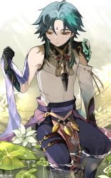 Rule 34 | 1boy, ahoge, aqua hair, armor, asymmetrical clothes, bead necklace, beads, blue hair, closed mouth, facial mark, flower, forehead mark, genshin impact, gloves, gradient hair, gyoju (only arme nim), highres, jewelry, korean commentary, lily pad, male focus, multicolored hair, necklace, shoulder armor, sitting, solo, spikes, tassel, wading, water, water drop, white flower, xiao (genshin impact), yellow eyes