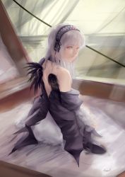 Rule 34 | 1girl, absurdres, bare shoulders, black wings, choker, frills, from behind, gothic lolita, grey hair, highres, lolita fashion, long hair, looking at viewer, mini wings, off shoulder, painterly, red eyes, rozen maiden, samiel, short wings, shoulder blades, solo, suigintou, wings